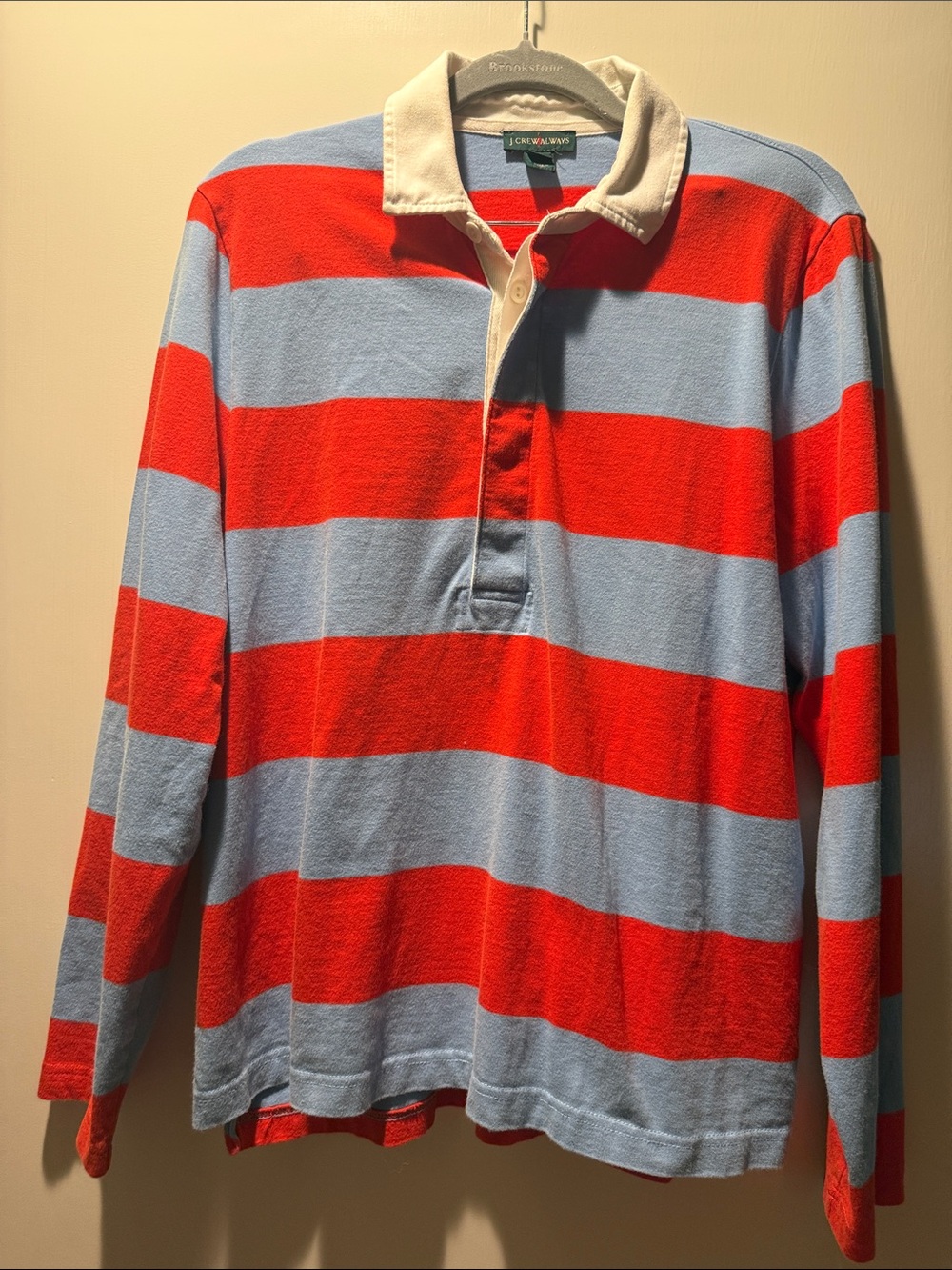 J. Crew Men’s Long-Sleeve Rugby Polo - Red & Light Blue with White Collar